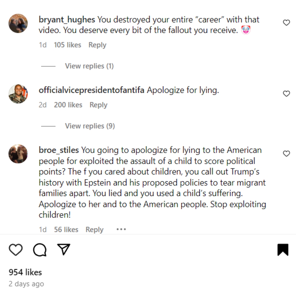 screenshot of comments on an Instagram post of Katie Britt 